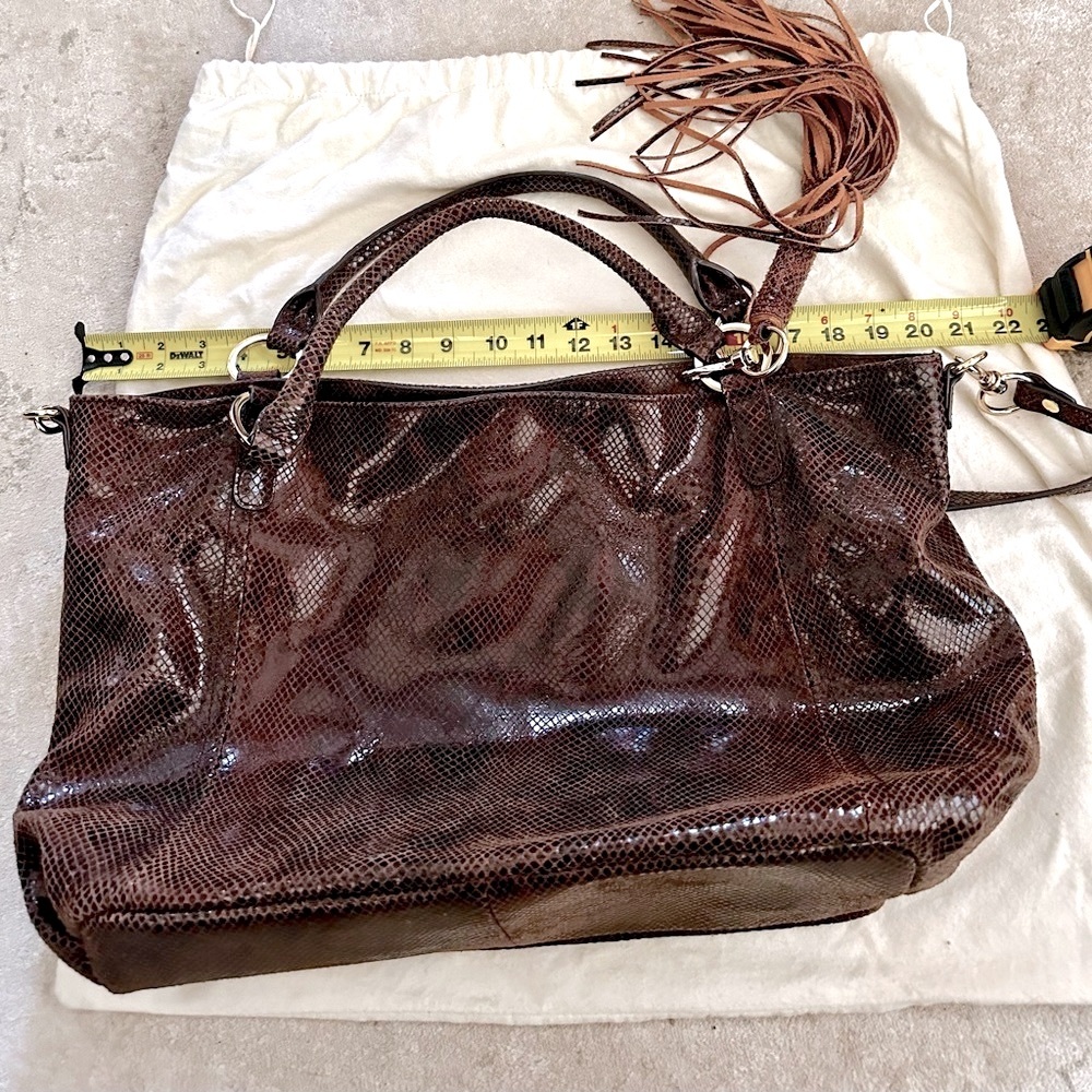 G.I.L.I. Genuine leather handbag, large tote, dark brown snake